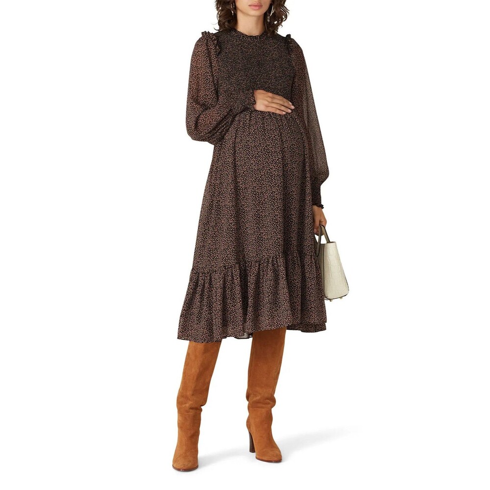 HATCH Lana Dress Womens 2 (8/10) Black Floral Long Sleeve Smocked Midi Maternity
